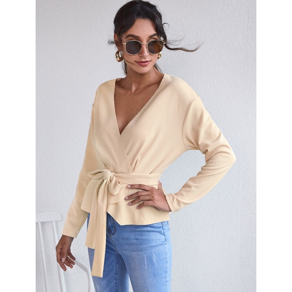 Casual Beige Belted Wrap V-Neck Top - Picture 4 of 7